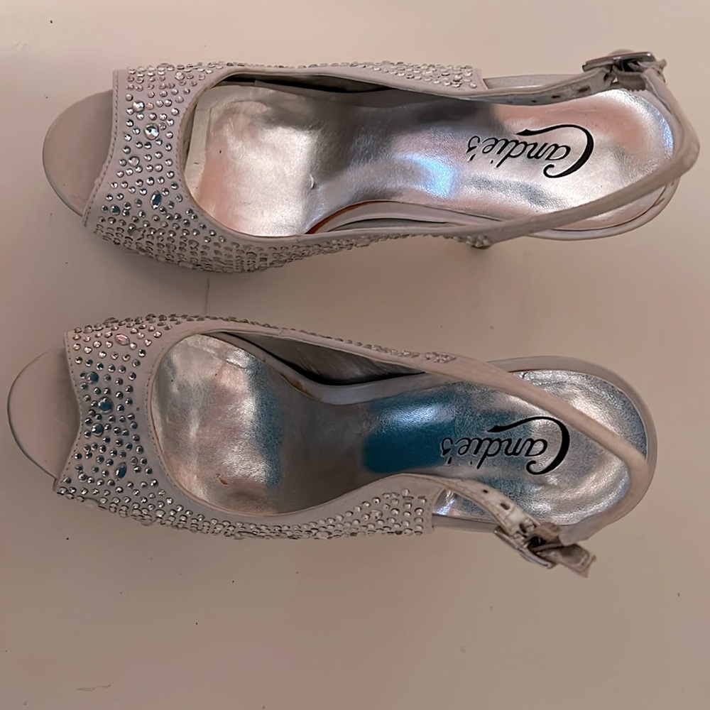 Size 8 Candies totally covered in rhinestones. Worn once for my wedding.
